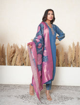 Yale blue embroidered suit with bandhej print dupatta